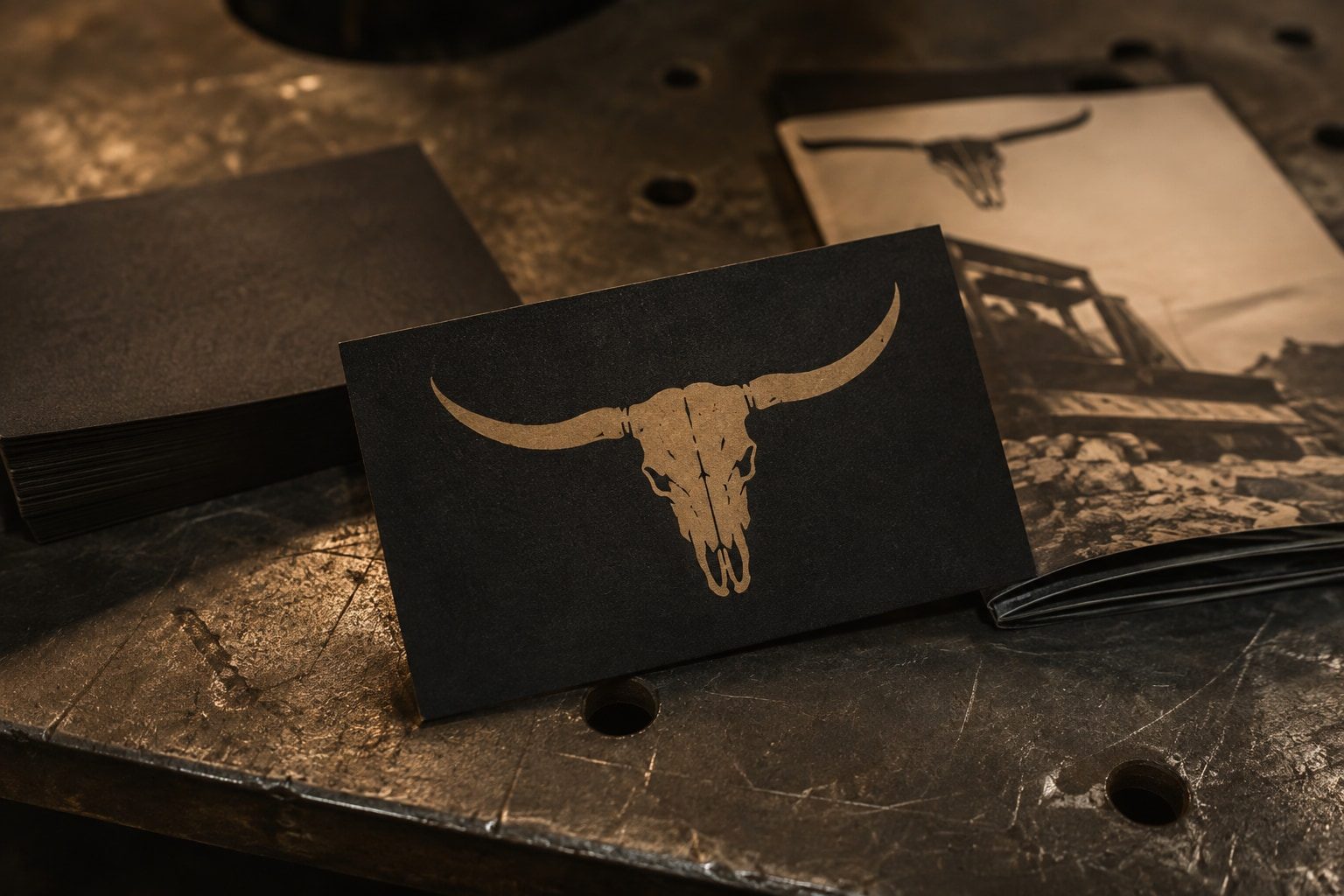 The Accent Welding business card, the longhorn skull stamped in buckskin on matte black, on the shop bench